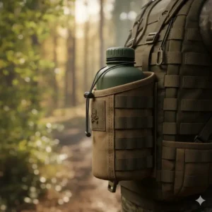 A user carrying the tactical water bottle holder independently using its detachable, adjustable shoulder strap.