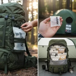 Nalgene pouches attached to a backpack using MOLLE webbing for easy access during travel.