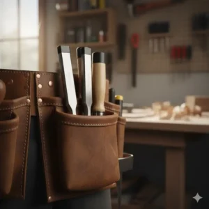 A set of essential wood chisels with protective covers, carefully placed among the other common hand carpenter tool belt tools.
