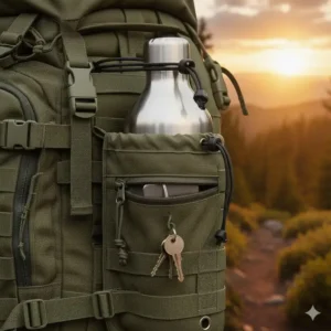 Detail of the adjustable drawstring and lock buckle for secure bottle retention on the MOLLE bottle pouch.