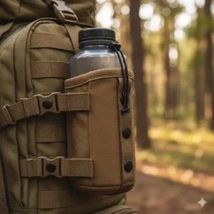 The molle bottle holder perfectly holding a 32 oz Nalgene bottle, showing a snug and secure fit.
