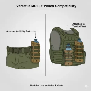 Illustration demonstrating the versatile compatibility of the nalgene molle pouch, showing its use on a utility belt and a tactical vest.