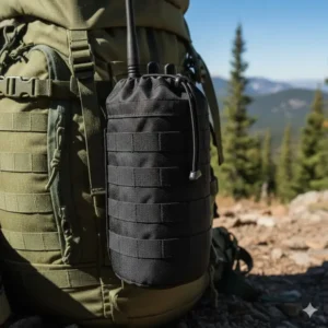 A versatile molle water bottle pouch being used to carry an item other than a bottle, such as a radio or umbrella, demonstrating its multi-use capability.