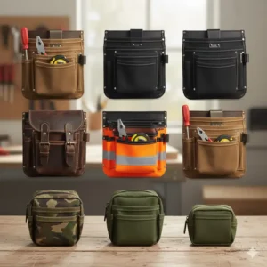 Image displaying a selection of the belt clip tool pouch available in different colors or materials, such as black, brown leather, and nylon.