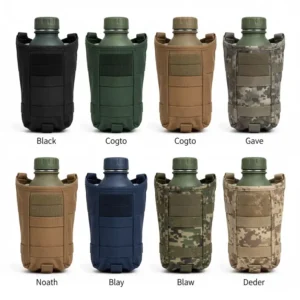 Swatches or display of available color options for the tactical water bottle holder, including black, coyote tan, and olive drab.