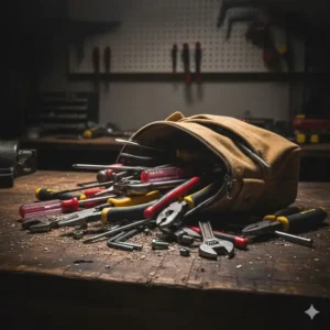 Assorted hand tool pouch with tools partially spilling out of a full pouch.