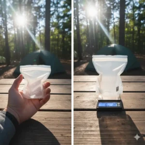 Empty nalgene pouches folded up small to demonstrate its compact, ultra-lightweight design for backpacking.