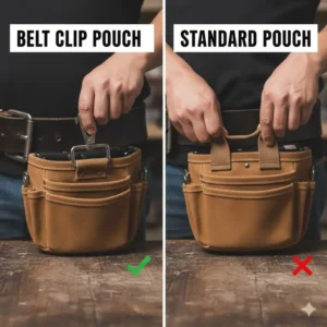 Comparison graphic showing the ease of using a belt clip tool pouch versus a standard tool bag or fixed-loop sleeve.