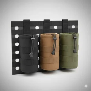 Photo showcasing the different available colors, such as Black, Coyote Brown, and OD Green, for the molle bottle holder.