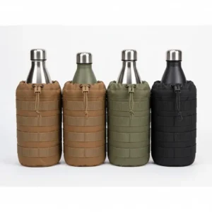 An array of molle water bottle pouch options in different tactical colors like Coyote Brown, Olive Green, and Black, showcasing the available varieties.