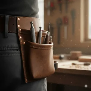 Small metal tools like a nail set, a center punch, and a scratch awl, often found in a smaller utility pouch on a carpenter tool belt tools.