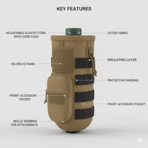 Diagram highlighting key features of the tactical water bottle holder, such as drainage grommet, front pocket, and adjustable opening.