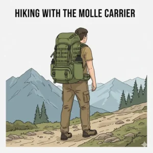Hiker using the rugged molle bottle carrier outdoors, attached to a rucksack for easy access to hydration.