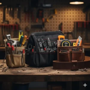 A comparison image showing three different styles of tool pouch with tools (clip-on, zipper bag, and belt loop).