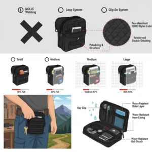 Close-up illustration of the different ways to attach a belt utility pouch, including MOLLE webbing, loop, and clip-on systems.