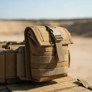 Illustration 1: A close-up view of a compact roll up dump pouch in its folded and secured position on a MOLLE belt.