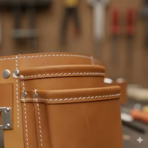 Close-up shot showing the durable stitching and leather material of the heavy-duty tool belts for sale, emphasizing longevity and quality.