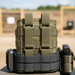 Close-up of a mag dump pouch with MOLLE webbing for secure belt or vest mounting.