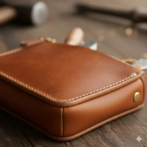 Close-up detail shot of the rugged, double-stitched seams and full-grain leather texture on the side of a premium small leather tool pouch.