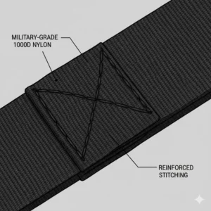 Close-up illustration of the military-grade webbing and reinforced stitching on a tactical key holder.