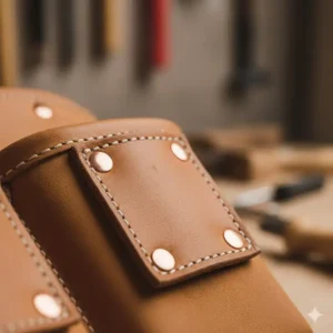 Close-up view of the reinforced stitching and riveted stress points on heavy-duty leather tool belts and pouches for maximum longevity on the job site.