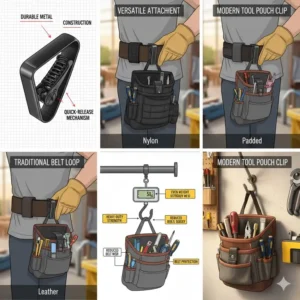 Close-up view of the quick-release mechanism of the tool pouch clip for heavy-duty applications.