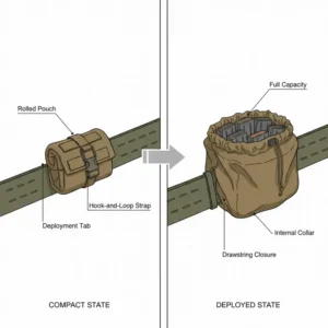 Diagram of the best dump pouch demonstrating how it folds compactly and deploys quickly.