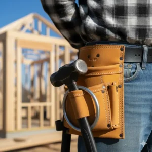 A person securely carrying a framing hammer in the dedicated steel loop attached to the framing pouches belt.