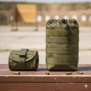 A compact folding mag dump pouch shown in its rolled-up and deployed positions.
