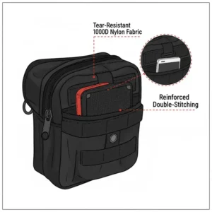 Diagram detailing the tear-resistant nylon material and reinforced stitching of the heavy-duty utility pouch for belt.