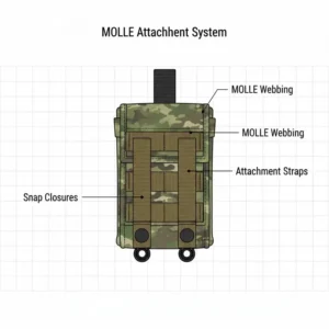 Close-up illustration of the MOLLE webbing and snap straps on the back of a multicam dump pouch.
