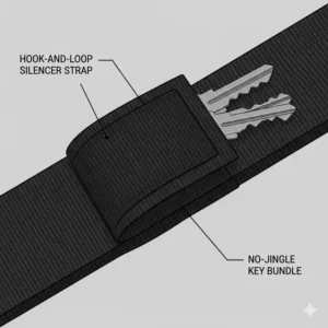 Illustration showing a silent tactical key holder with a hook-and-loop wrap to prevent keys from jingling.