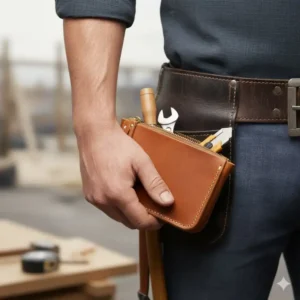 A carpenter's hand holding the compact small leather tool pouch to demonstrate its perfect portable size for carrying essential hand tools.