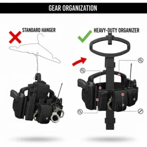 A side-by-side comparison between a regular clothes hanger and a heavy-duty duty belt hanger.