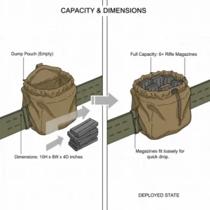 Size and capacity chart of the best dump pouch illustrating how it holds multiple rifle magazines.