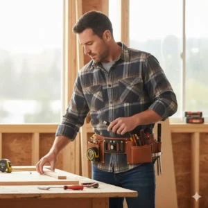 A professional carpenter actively working while wearing one of the comfortable tool belts for sale, showing real-world application.