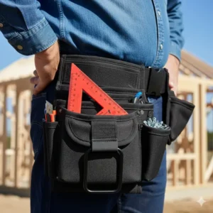 Durable nylon framing pouches with a specifically designed slot for easy access and storage of a speed square or rafter square.