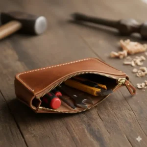 An open view of the interior of the small leather tool pouch filled with a few common items like a screwdriver, wrench, and utility knife, illustrating its storage capacity.