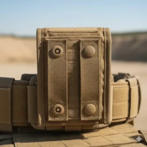 Illustration 3: Detailed back view showing the heavy-duty attachment straps of a roll up dump pouch for tactical vests.