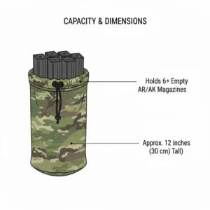 Size comparison illustration showing a multicam dump pouch holding six empty AR-15 magazines.