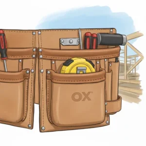 Detailed shot of the reinforced, riveted stress points on a high-quality leather ox tool belt for enhanced durability.