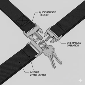 Diagram of a tactical key holder demonstrating the one-handed quick-release buckle mechanism.