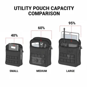 Infographic comparing the internal storage size and capacity of the small, medium, and large utility belt pouch options.