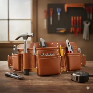 An illustration showing the storage capacity of the professional leather tool belts and pouches with multiple deep pockets.