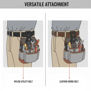 A worker easily attaching a tool pouch to their belt using the simple, one-handed tool pouch clip system.