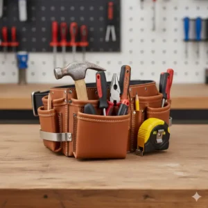 Detailed view of the deep pockets and reinforced storage capacity on the tool belts for sale, ideal for carrying many tools.