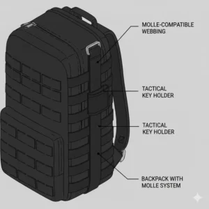 Illustration of a tactical key holder being attached to a MOLLE-webbed backpack system.