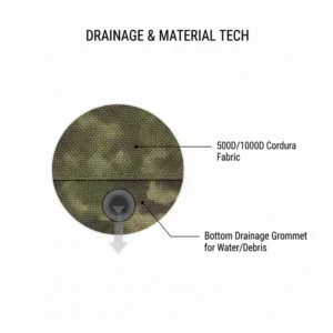 Technical illustration of the drainage grommet and water-resistant Cordura fabric of a multicam dump pouch.