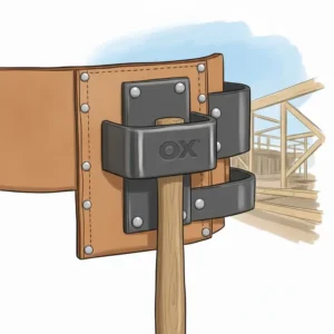 Illustration focusing on the sturdy, swinging metal hammer loop attachment on an ox tool belt.