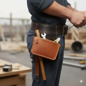A professional electrician wearing a small leather tool pouch attached to a work belt, highlighting its practical utility and easy access on the job site.